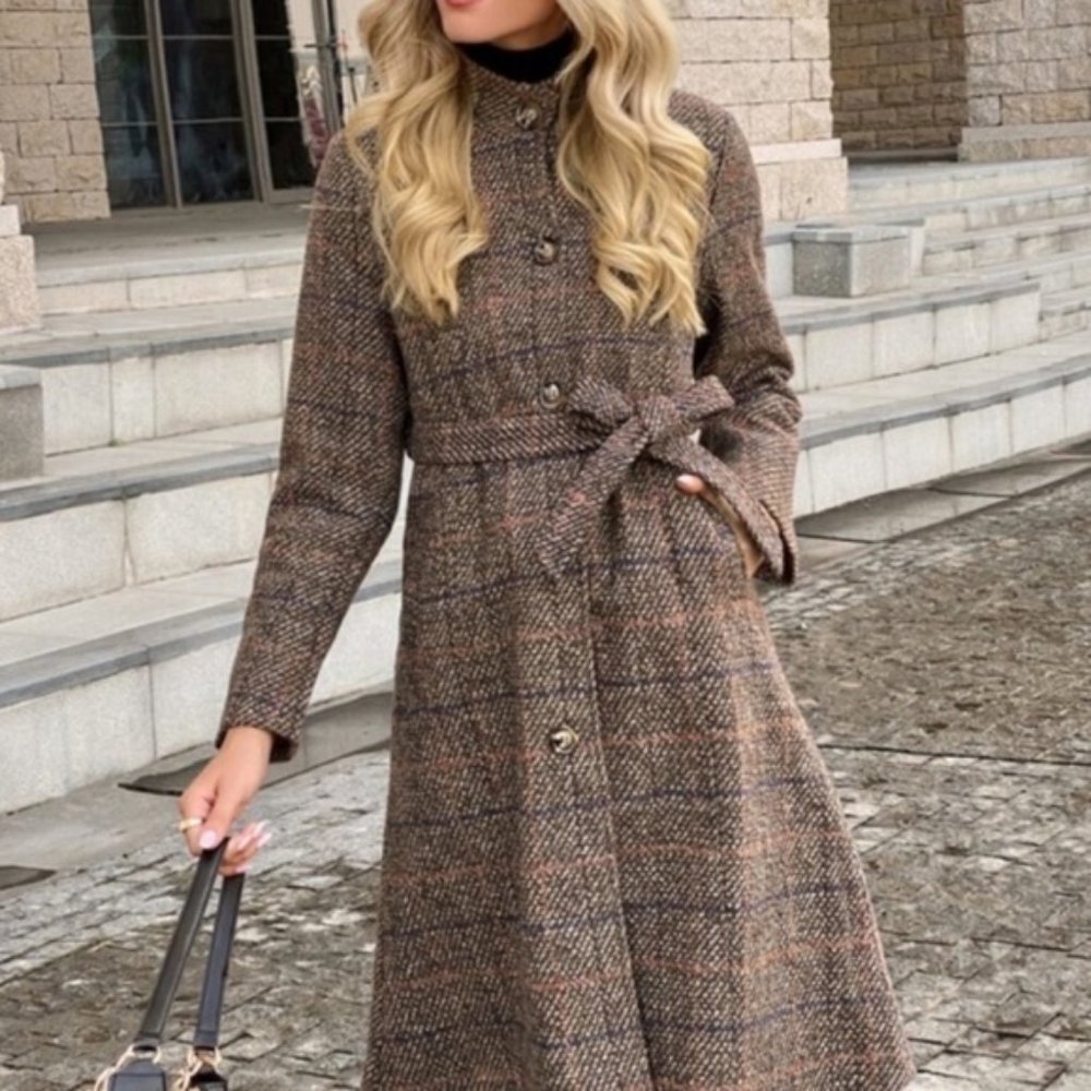 Tweed plaid brown casual trench coat jacket - Picture 4 of 10